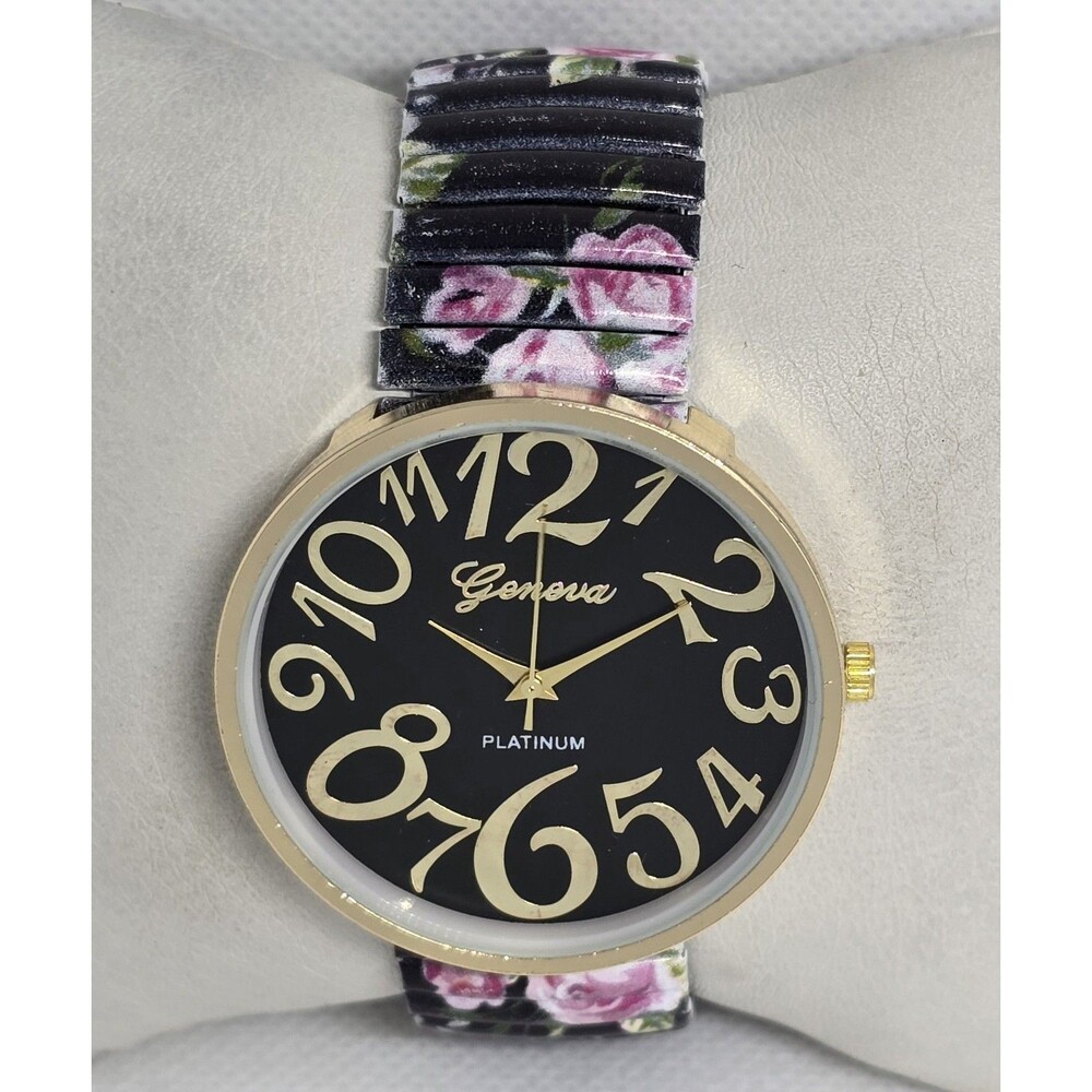 Women's Geneva Platinum Round Gold Tone Metal Floral Stretch Band Watch 13 - Picture 4 of 8